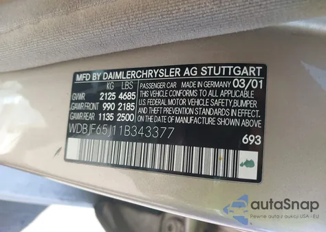 2001 Mercedes-Benz E 320 from USA, damaged, VIN WDBJF65J11B343377